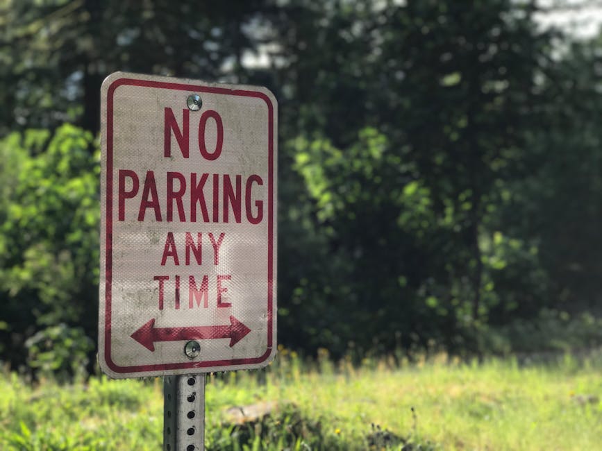A close-up view of a rectangular road sign with a white background and red borders, displaying the message 'NO PARKING ANY TIME' in bold red letters, mounted on a metal pole. The sign features two red arrows pointing left and right at the bottom, indicating parking restrictions across the adjacent area. In the background, there are blurred green trees and foliage, suggesting a suburban or urban setting near Northfields Station, Ealing. The sign is positioned on a grassy verge, with sunlight illuminating the scene and casting a slight shadow on the sign. The image is relevant to house removals and relocation services, such as those provided by Movers Ealing, as it highlights parking restrictions that could impact the logistics of home relocation, furniture transport, or loading and unloading during a move.